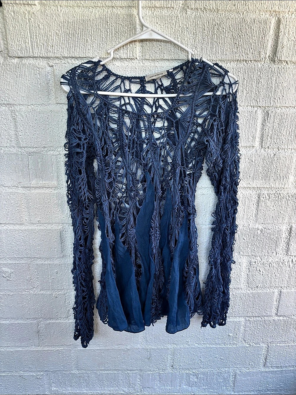 Boston Proper Openwork Fringe Long Sleeve Tunic Dress in Blue S/M